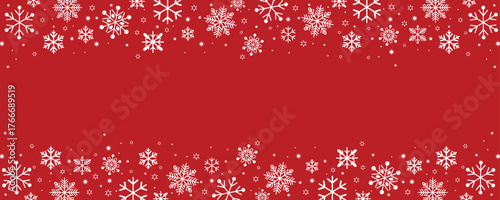 Horizontal banner with pale white snowflakes and stars framing a red background. Elegant, simple vector design ideal for winter holiday headers, footers, and announcements.
