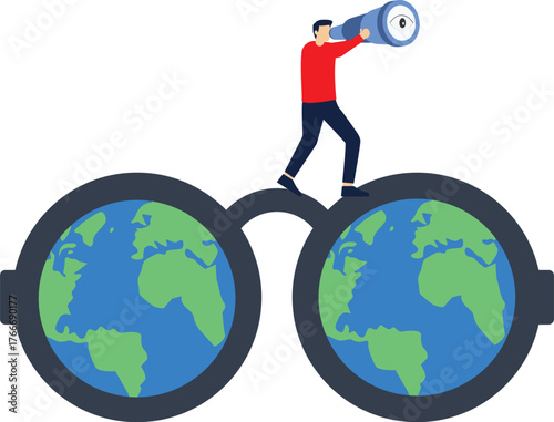 World economic forecast. Businesswoman uses binoculars to look at world map through glasses. Vector

