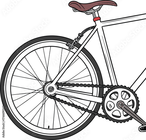 Detailed view of bicycle rear wheel drivetrain and saddle in motion isolated on transparent background