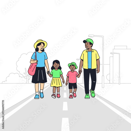Illustration of a happy family with two children walking hand in hand on a city street, enjoying a stroll together