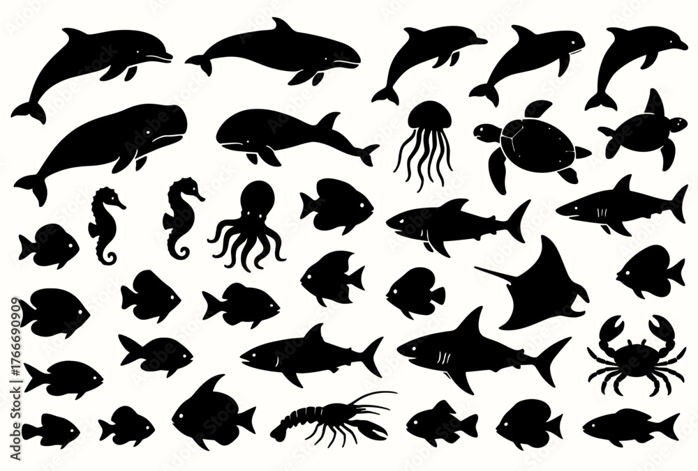 Naklejka premium Silhouettes of marine life: dolphins, sharks, and aquatic creatures compilation