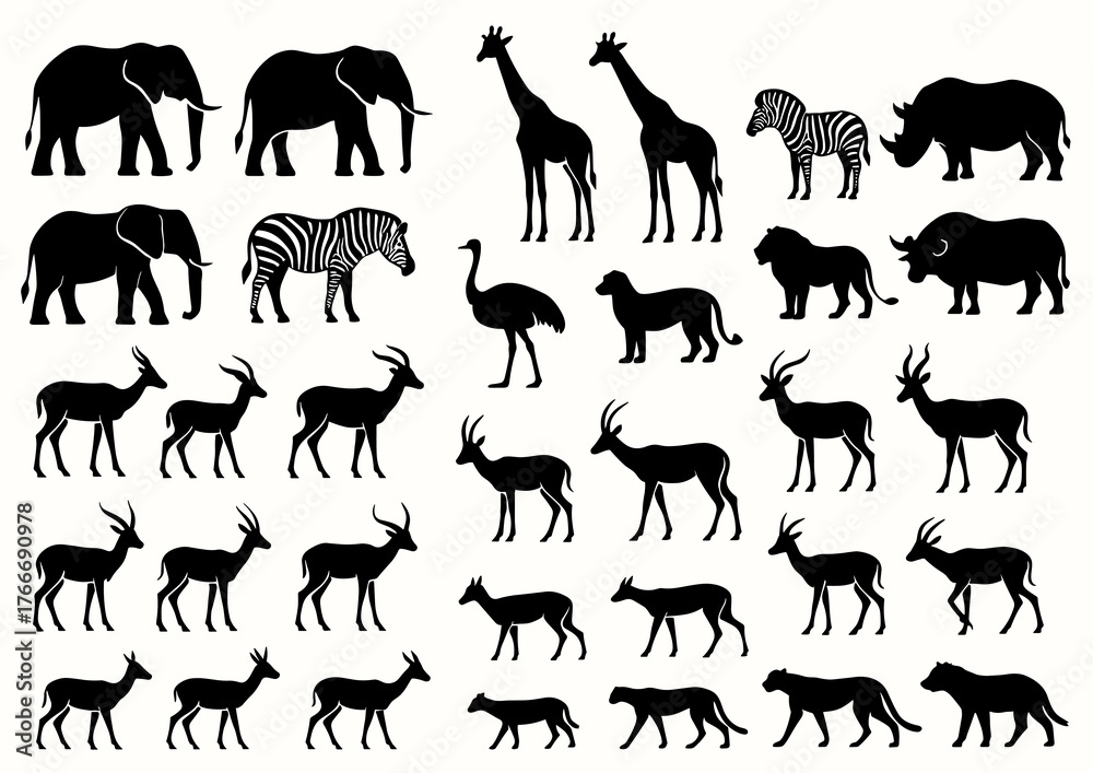 Naklejka premium Silhouette collection of african wildlife: elephants, giraffes, zebras, and more