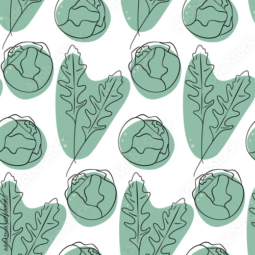 Arugula Leaves and Brussels Sprouts on Decorative Spots with dots Seamless Pattern Healthy Backdrop