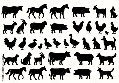 Silhouettes of various farm animals including horses, goats, pigs, and poultry in black on white