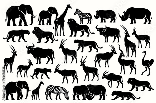 Silhouette of diverse african animals featuring elephant, giraffe, zebra, rhinoceros, and antelope