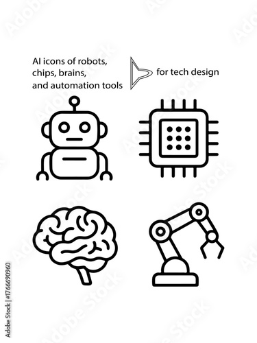 Line-style AI icons of robots, chips, brains, and automation tools for tech design.