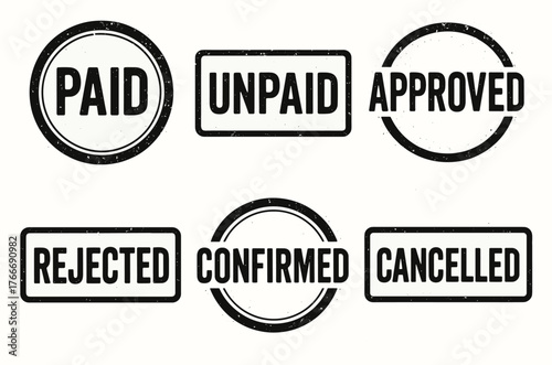 Grunge style stamp set: paid, unpaid, approved, rejected, confirmed, cancelled