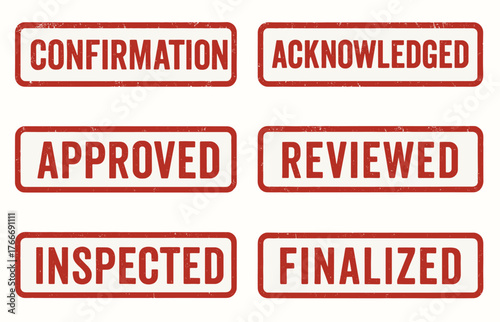 Red grunge stamp collection: confirmation, acknowledged, approved, reviewed, inspected, finalized