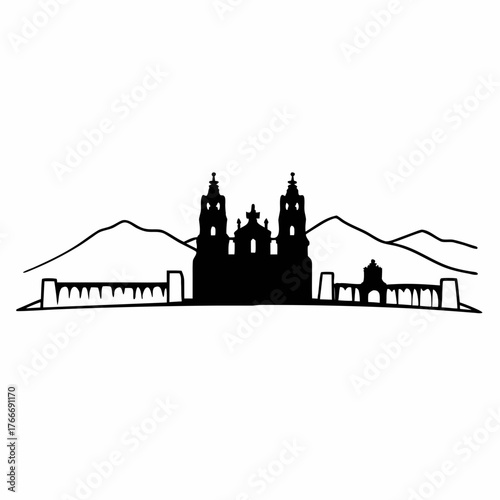 Silhouette of a cathedral and aqueduct with mountains in the background on a white isolated background