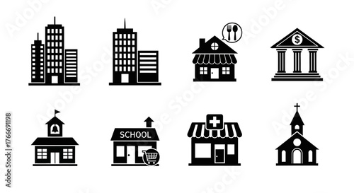 Set of black building icons in flat design, featuring nine different structures including a skyscraper, restaurant, bank, house, school, store, hospital, and church
