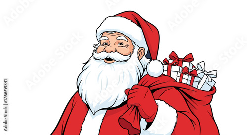 Santa Claus Carrying Sack Full of Christmas Gifts Pop Art Illustration
