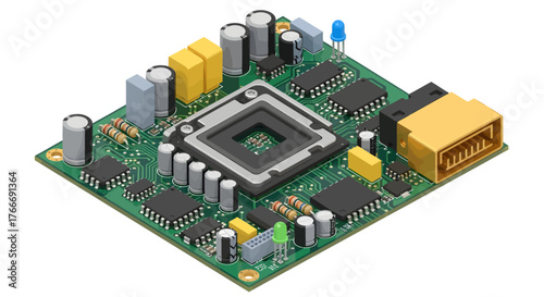 Isometric Printed Circuit Board (PCB) with Chips and Components