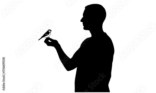 Silhouette of a Man with a Bird on Hand Isolated on Transparent Background