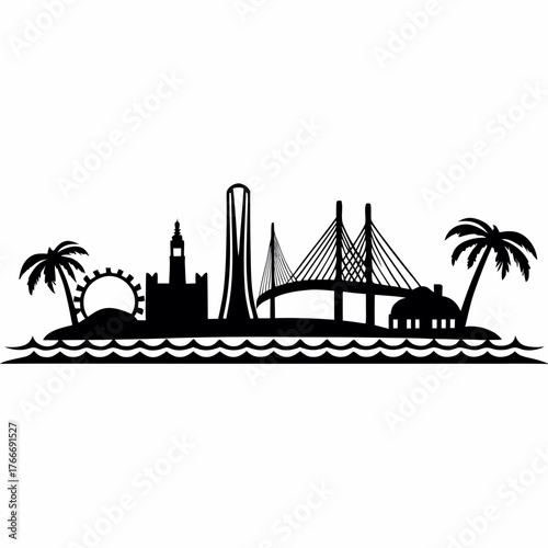 Silhouette of a city skyline with a bridge, tower, and palm trees on an island in black and white style