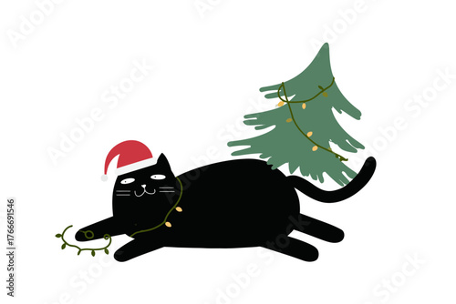 Funny Black Cat Running Away with Christmas Tree and Lights Vector Illustration