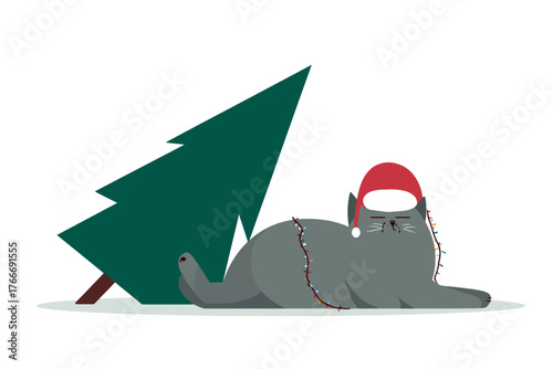 Grumpy Grey Cat Knocked Down Christmas Tree Tangled in Lights Vector Illustration