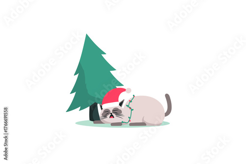 Sleepy Cat Tangled in Christmas Lights by Holiday Tree Wearing Santa Hat Vector