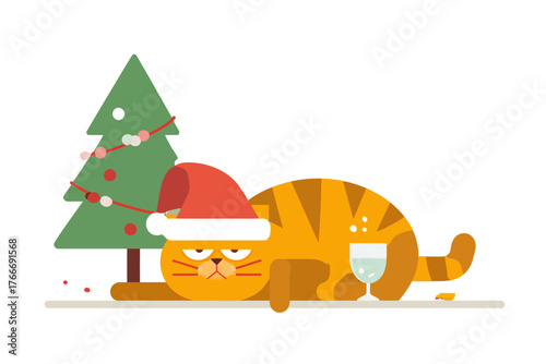 Grumpy Cat Wearing Santa Hat Lying by Christmas Tree with a Glass of Drink