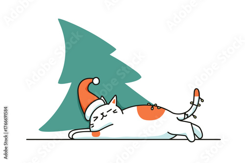 Playful White Cat Pulling Christmas Lights Wearing Santa Hat next to Minimalist Tree
