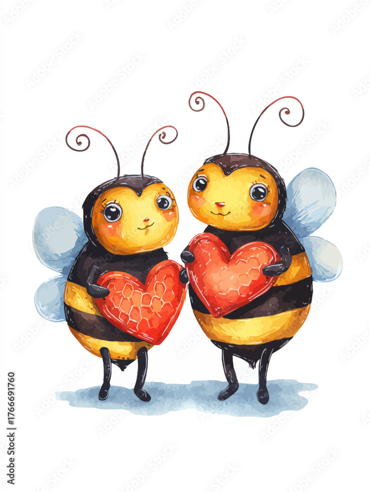 Obraz premium Cute Watercolor Bee Couple Holding Red Hearts