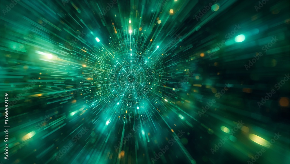 Naklejka premium Displaying central circular hub emitting green gold streaks in cyber tunnel, with glowing particles