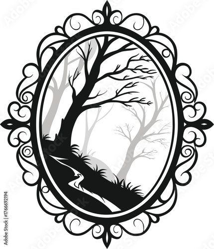 Enchanting oval silhouette of a mystical forest with a deer silhouette and moonlight isolated on transparent background