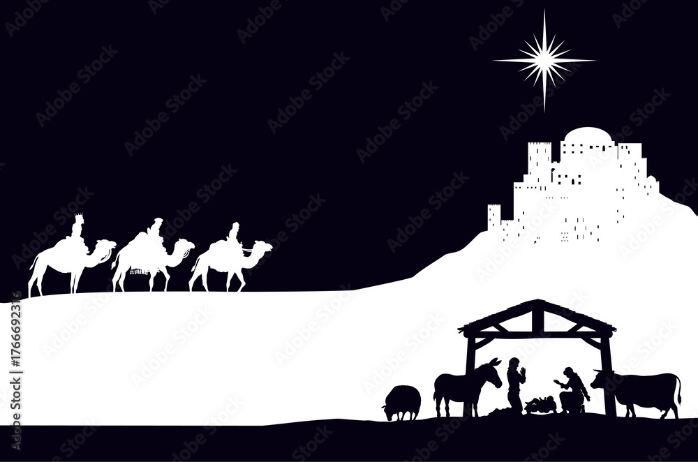 Naklejka premium Christmas Nativity Scene Bethlehem Manger Wise Men