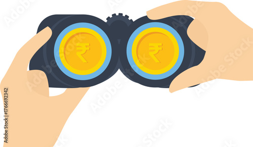 businessman uses binoculars to find a India rupee money for financial freedom concept

