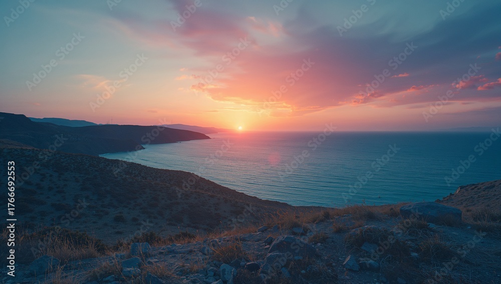 Obraz premium Emitting sinking sun illuminating sea and cliff, rocky hillside, dry grasses, distant headlands