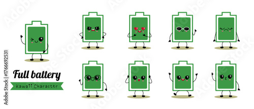 Full battery kawaii character set with joyful face