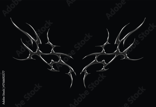 Futuristic 3D chrome effect tribal flame sigil in gothic Y2K style, featuring liquid mercury metallic abstract tattoo artwork and cyber aesthetic design for edgy digital illustration projects.