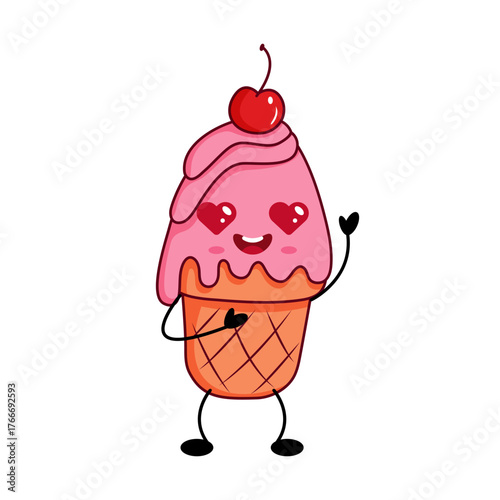 Retro kawaii ice cream cone character in pastel tones