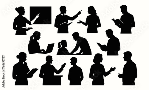 Silhouettes of people engaged in various activities including reading and discussing