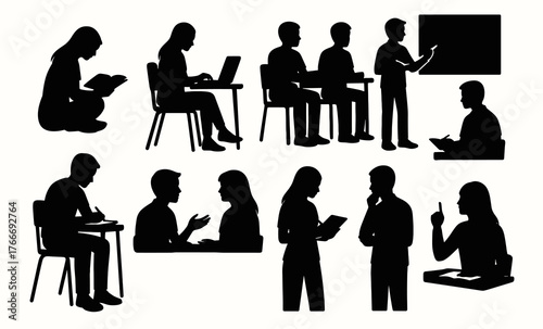 Silhouettes of people engaging in education and communication activities