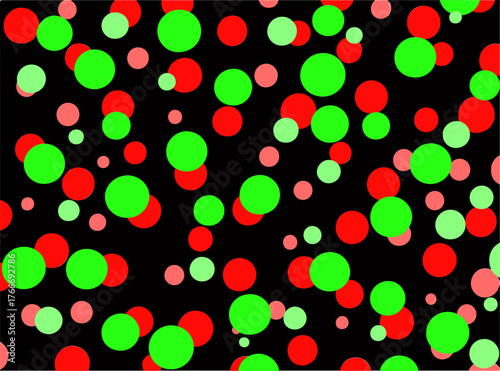 Bright red and green polka dots on a black background, festive and playful pattern for design