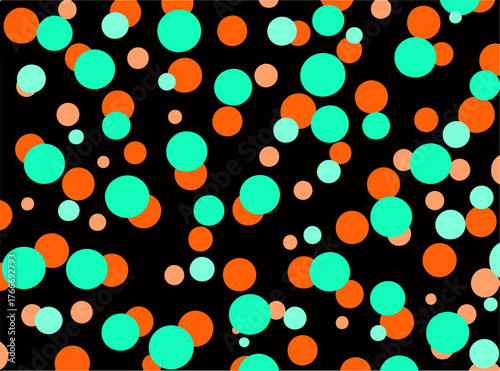 Vibrant orange and teal polka dots on a black background, bold and playful pattern for design