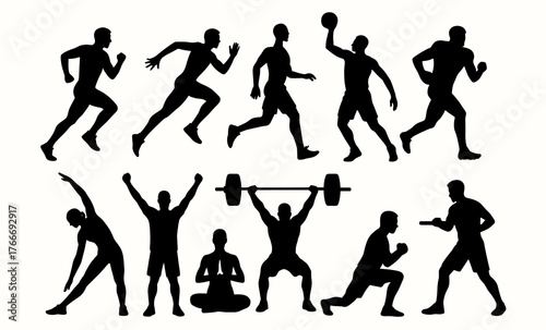Silhouettes of diverse athletic male figures in various sports and exercise poses