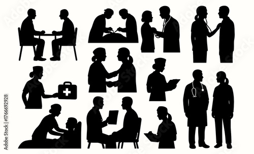 Silhouette medical consultation scenes with healthcare professionals and patients
