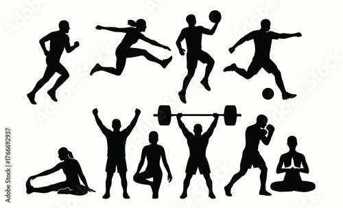 Silhouettes of athletes engaging in various sports and fitness activities
