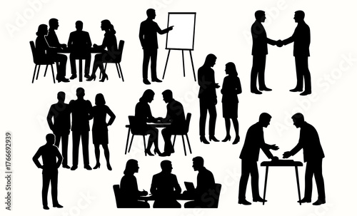 Silhouettes of professionals in various business interactions and meetings
