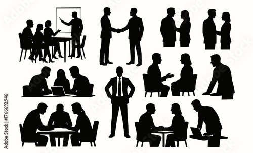 Business meetings and interactions silhouettes collection