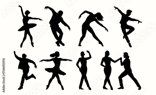 Silhouettes of dancers in various styles and poses display elegance and movement