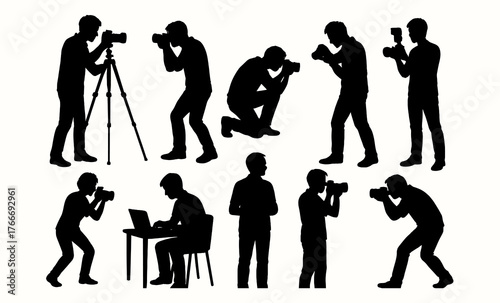Silhouette collection of photographers with cameras and tripod