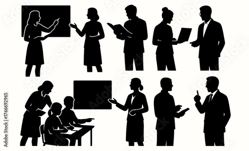 Silhouettes of diverse educators and professionals in various interactions