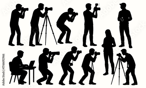 Silhouettes of photographers in various poses with equipment and models