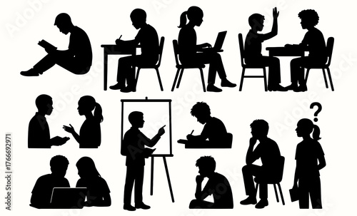 Silhouettes of diverse people engaged in learning and collaboration activities