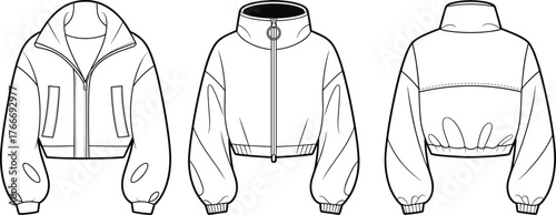 Cropped jacket fashion sketch, technical flat drawing, vector illustration, CAD apparel design, front side back view, puff sleeve detail