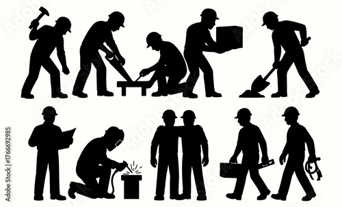 Silhouettes of workers engaged in various manual labor tasks