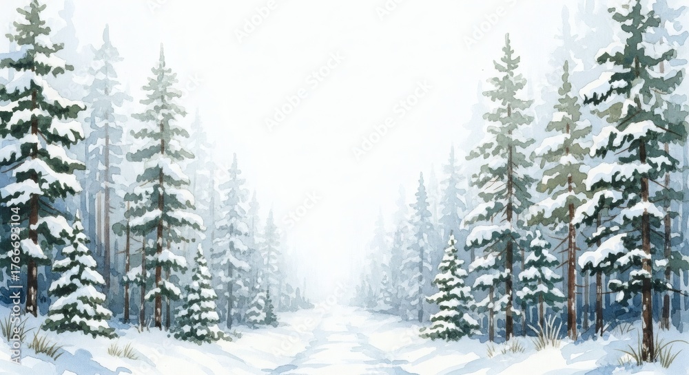 Obraz premium Snowy forest watercolor painting