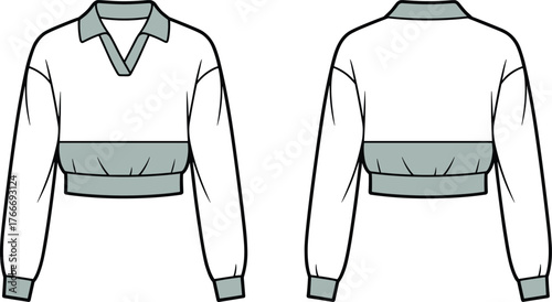 Cropped pullover fashion sketch, V-neck top vector illustration, CAD drawing, front back view, puff sleeve, elastic waistband design